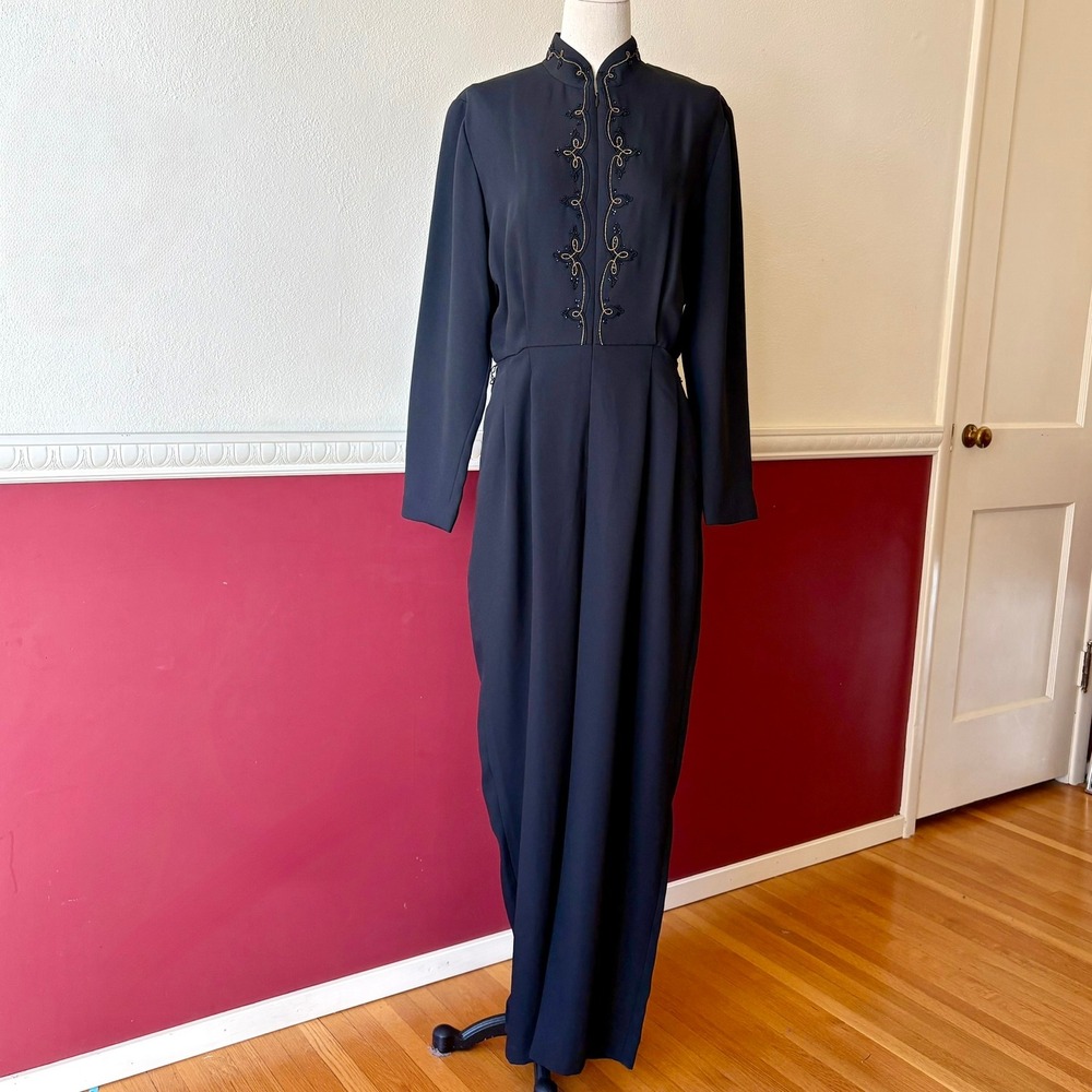 Vintage Liz Claiborne Black Embroidered Jumpsuit Mandarin Collar Beaded Elegant